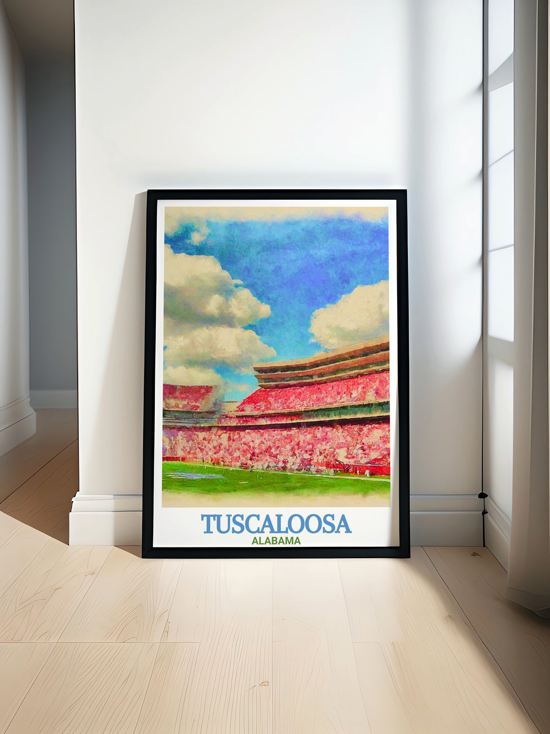 Alabama poster featuring a vibrant view of Tuscaloosa skyline and iconic Bryant Denny Stadium perfect for Tuscaloosa decor and gifts bringing the citys charm and energy into any home or office with stunning Tuscaloosa wall art and modern prints.