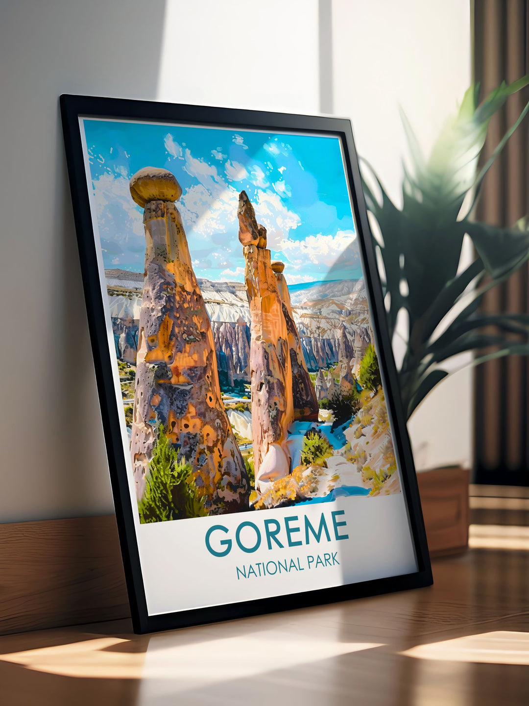 Featuring the mystical Fairy Chimneys of Goreme National Park in Cappadocia, Turkey, this poster highlights the surreal rock formations and vibrant sunrise, ideal for enhancing your space with the allure of Turkish landscapes.