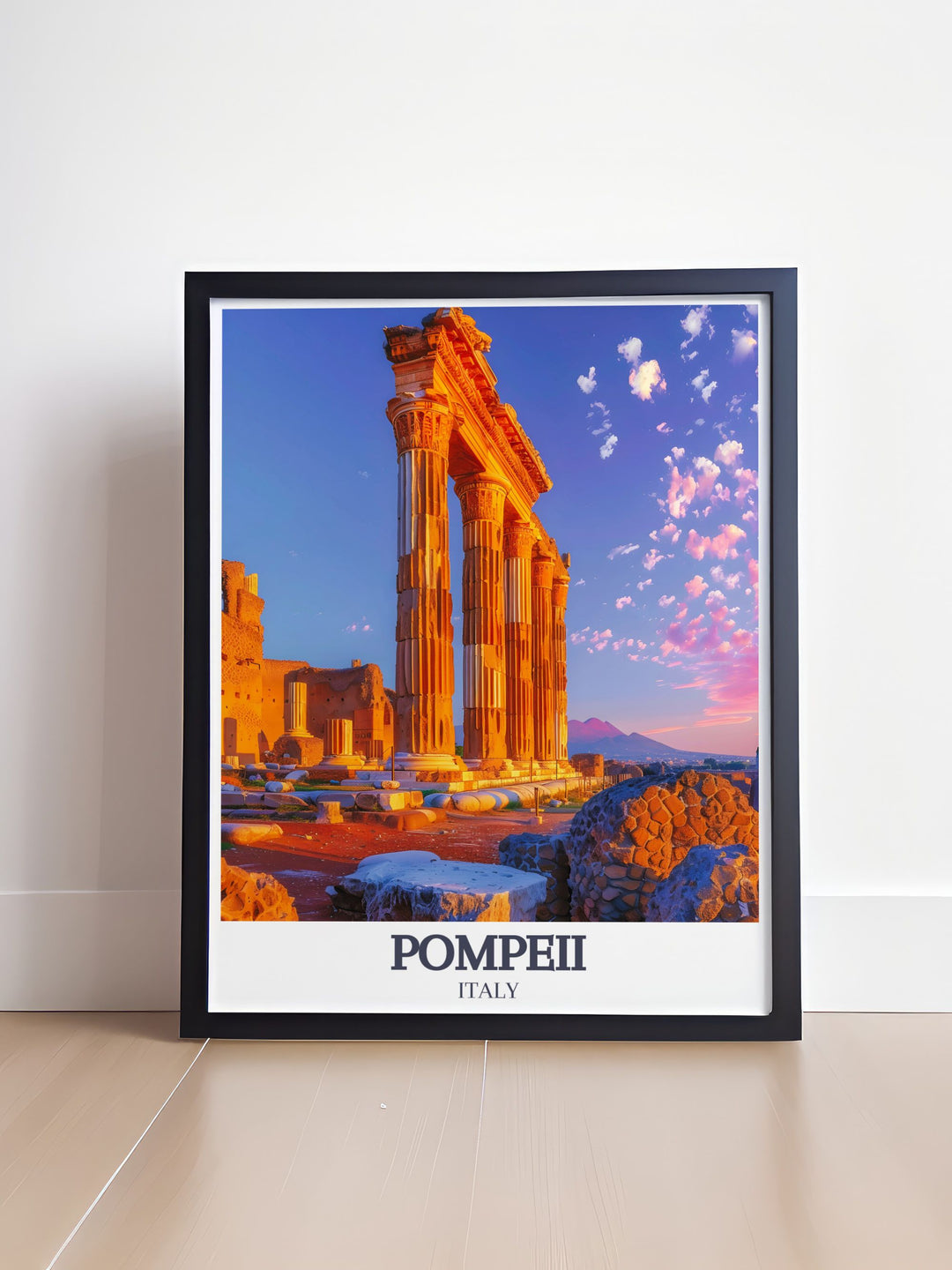 Pompeii travel art depicting Temple of Apollo Doric Columns and Mount Vesuvius an elegant home decor piece ideal for Italy travel print.