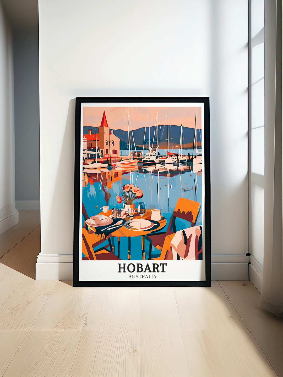 Vibrant Hobart travel print depicting the bustling Hobart Ferry Terminal and the picturesque River Derwent in Australia. This Australia wall art beautifully combines the energy of city life with the serene flow of the river, making it a striking addition to any home