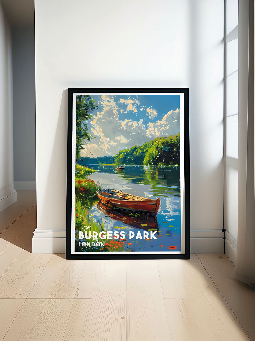 Stunning fine art print of Burgess Park Lake in London, capturing the serene waters and lush greenery that make this park a beloved urban oasis. Perfect for adding a touch of natural beauty to any room, this print showcases one of South East Londons hidden gems.