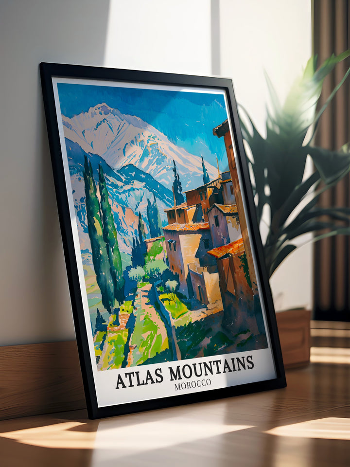 Morocco poster showcasing the picturesque town of Chefchaouen and the rugged landscape of the Rif Mountains Berber villages Berbers modern prints are perfect for adding a touch of Moroccan tradition and beauty to your home