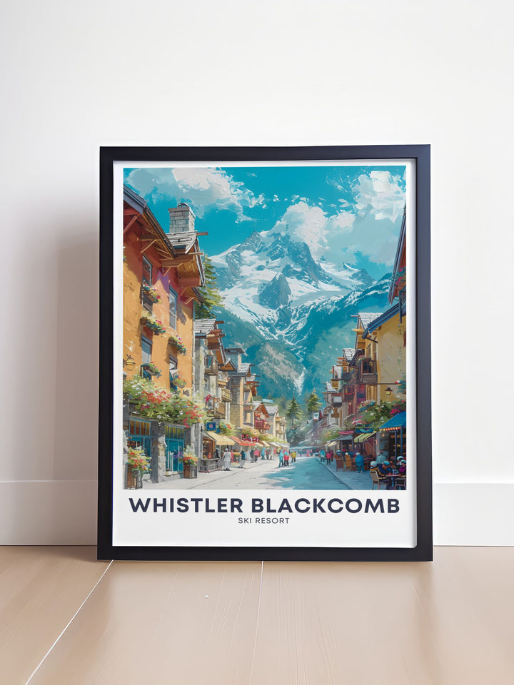 Beautiful Whistler village artwork highlighting the lively atmosphere and natural beauty of Whistler Blackcomb, perfect for adding a touch of adventure to any room.