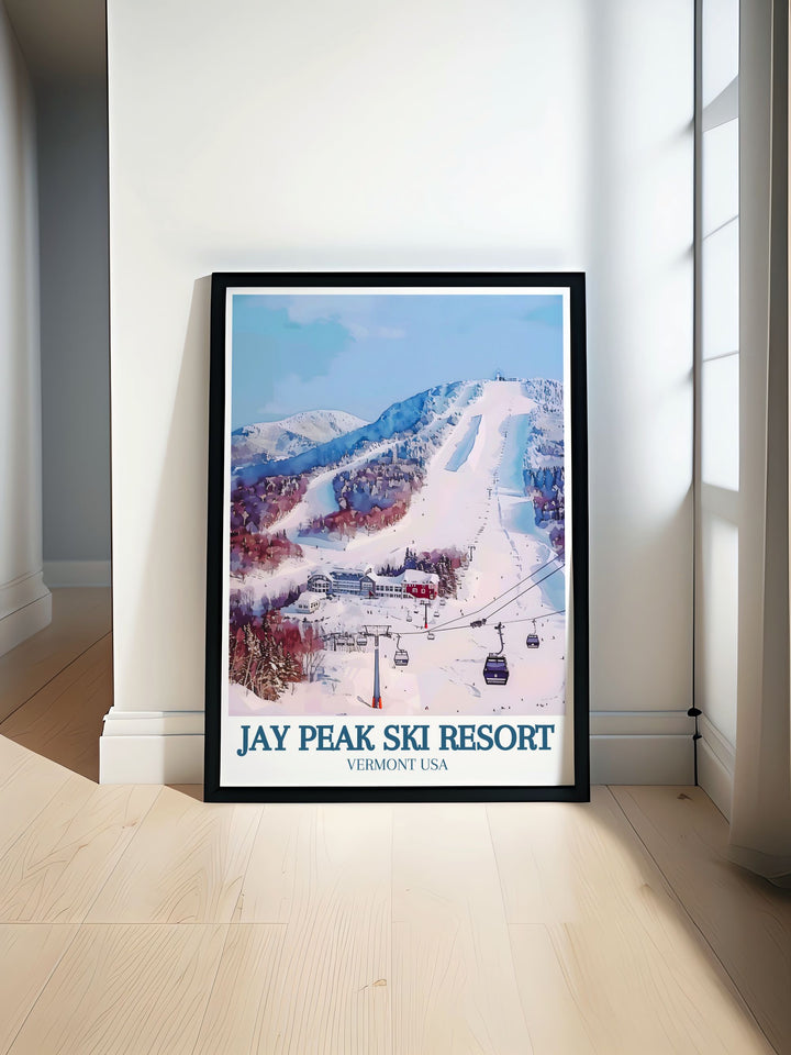 This detailed poster captures the picturesque landscapes and extensive ski terrain of Jay Peak, celebrating the beauty of Vermonts winter wonderland.