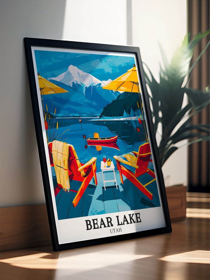 Framed art of Bear Lake and Rendezvous Beach capturing the peaceful waters and surrounding Wasatch Mountains a perfect addition to your home decor