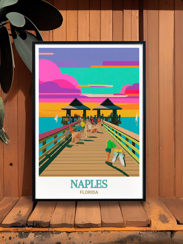 Naples Pier Travel Print showcases the iconic pier stretching into the Gulf of Mexico, a symbol of Naples rich history and serene coastal lifestyle. This print is ideal for anyone who cherishes the breathtaking sunsets and peaceful ocean views of Floridas coast.