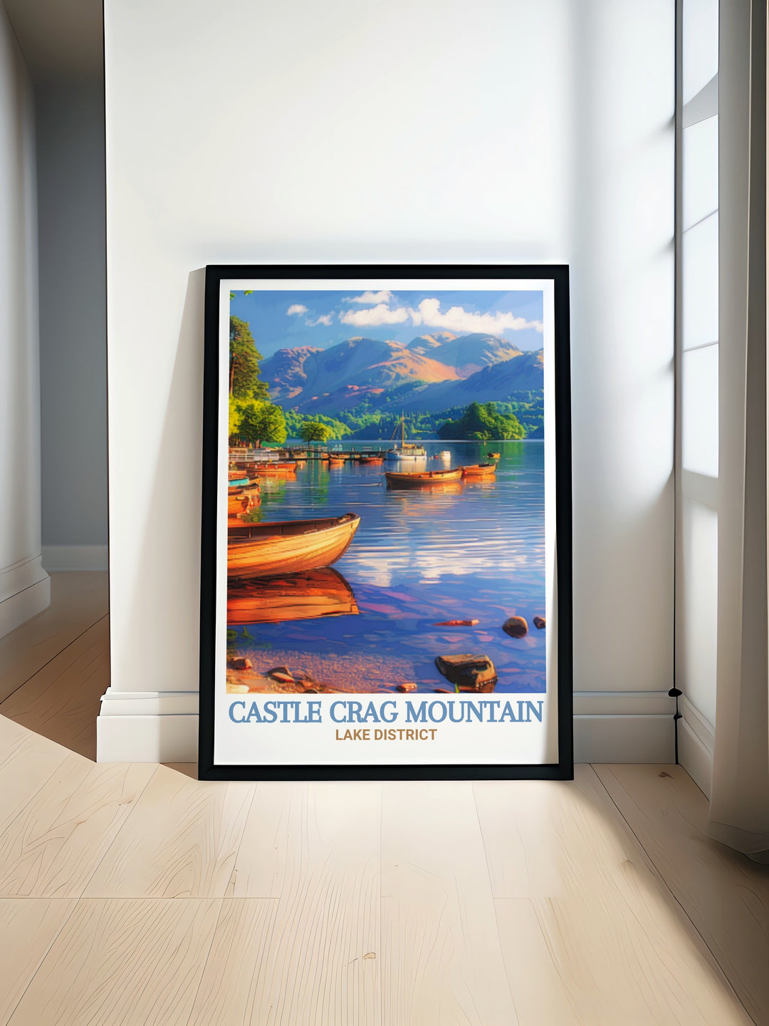 Castle Crag Mountain travel poster showcasing the rugged beauty of Cumbrias Lake District, perfect for those who love adventure and the great outdoors.