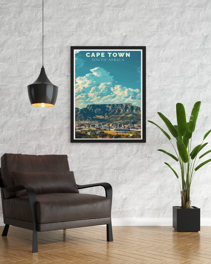 Stunning Table Mountain modern prints showcasing Cape Towns famous peak. This artwork adds elegance and adventure to any living space. Ideal for those looking to enhance their decor with a unique national park print or retro travel poster.