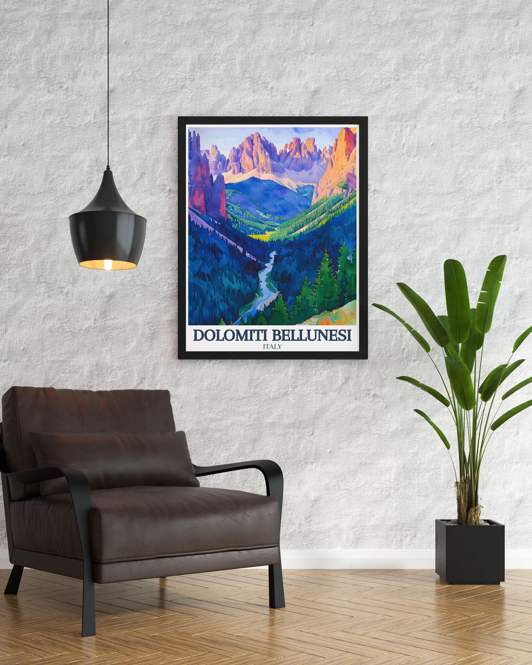 Italy travel poster showcasing the breathtaking landscapes of the Dolomite range bringing the essence of Italys most beautiful national park into your home.