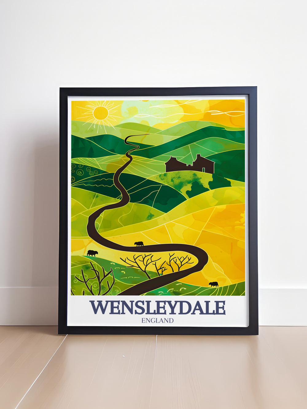 This Wensleydale poster print captures the serene beauty of North Yorkshires Yorkshire Dales. Perfect for those who love the natural landscapes of the UK, this artwork showcases the rolling hills and iconic Aysgarth Falls in a stunning vintage design. Ideal for framing or gifting to nature enthusiasts.