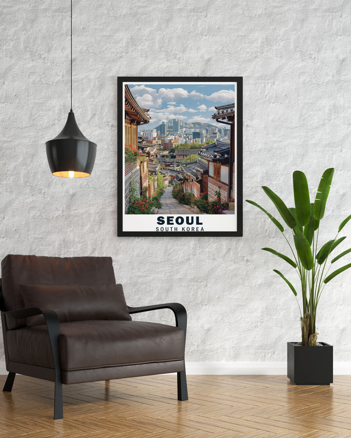 Featuring the intricate details of Bukchon Hanok Village and the modern skyline of Seoul, this travel poster is perfect for those who love to explore diverse cultures and appreciate the beauty of iconic landmarks.