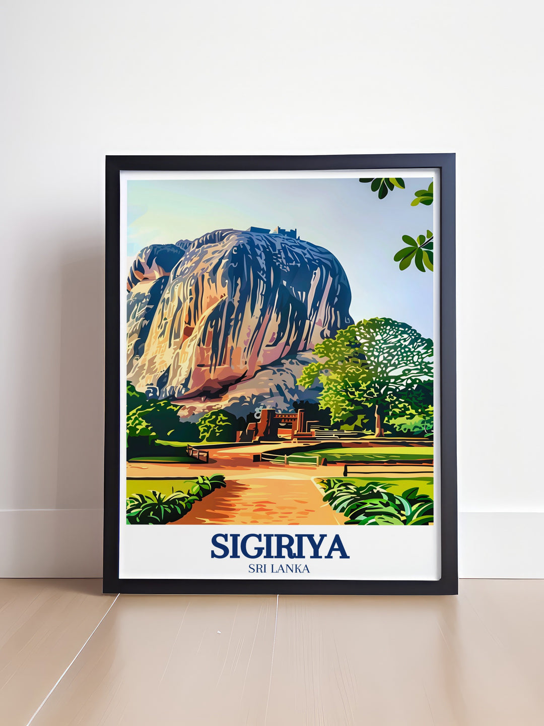 Vintage poster of Sigiriya, depicting the legendary Lions Rock fortress with its rich history and scenic views. The print combines elements of ancient Sri Lankan architecture and the natural beauty of the Matale District, perfect for those who love travel inspired art.