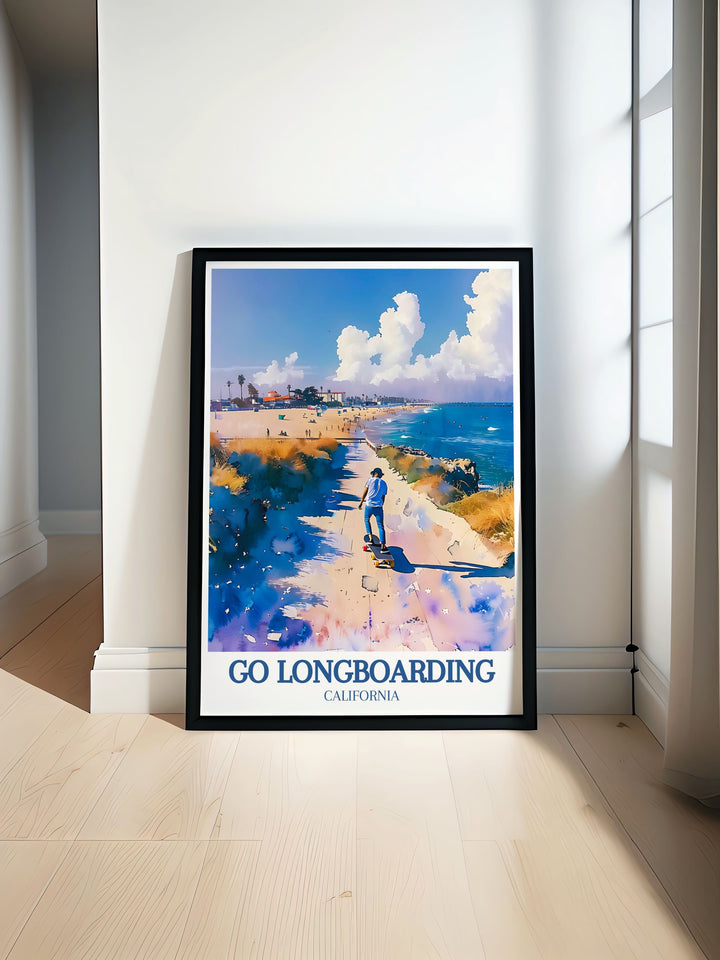 This Retro Skating Gift is perfect for fans of Venice Beachs boardwalk scene. Featuring longboarders and the famous Muscle Beach, its a stylish nod to Californias unique blend of surf, skate, and sun.