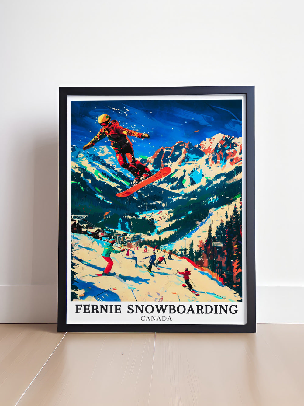 Fernie travel poster celebrating the adventure and excitement of snowboarding in British Columbias Lizard Range. This art print is a beautiful way to bring the spirit of Fernie into your living space.