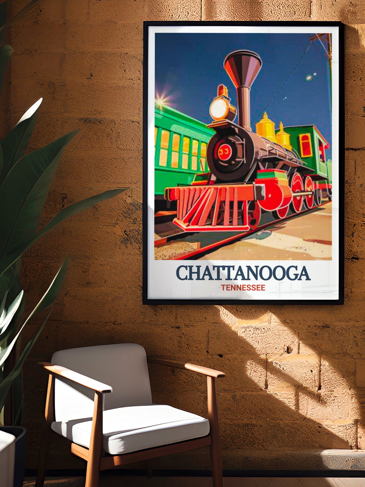 Sophisticated Chattanooga Choo Choo Art Print combining the rich history of the city with a contemporary black and white style featuring intricate street map details and elegant fine line work perfect for enhancing the decor of any modern home