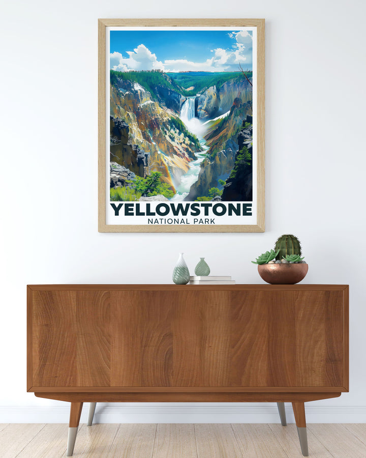 An art print celebrating the iconic Yellowstone Falls within Yellowstone National Park. This piece highlights the vibrant colors and dramatic scenery, making it a perfect gift for anyone who appreciates the beauty of nature and adventure.