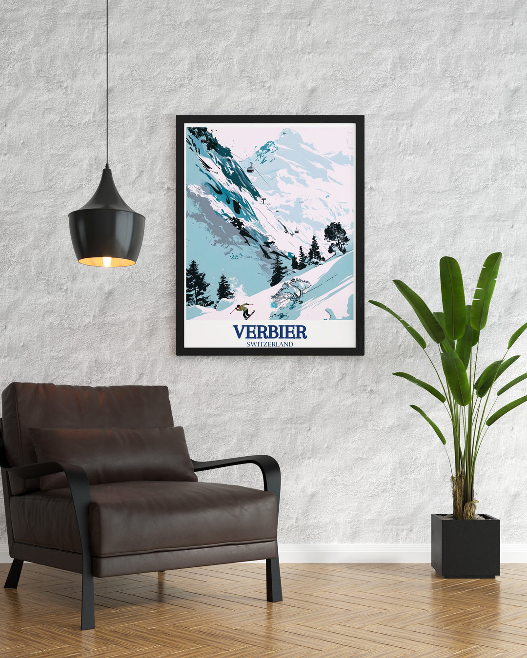 Verbier travel print showcases the dramatic peaks of Mont Fort and the sweeping slopes of the 4 Vallées ski area. This beautiful artwork captures the spirit of adventure and is perfect for those who want to bring a piece of the Swiss Alps into their living space.