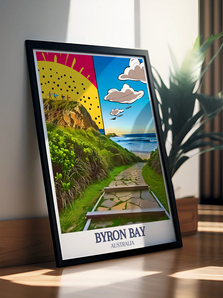 Cape Byron Walking Track and Byron beach are beautifully depicted in this Byron Bay Art Print. Perfect for lovers of coastal scenery this print brings the natural beauty and vibrant colors of Byron Bay into your home or office.