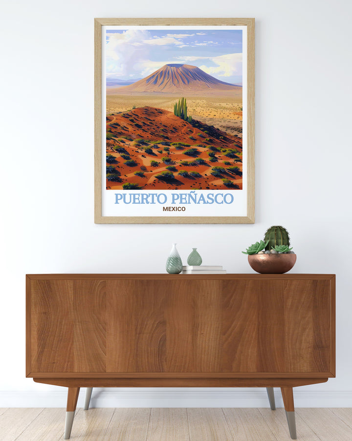 Puerto Peñasco travel print highlighting the iconic El Pinacate Biosphere Reserve, known for its unique geological formations and vast desert landscapes. This artwork is a celebration of Mexicos natural wonders, making it a perfect addition to any collection of travel art or desert themed decor.