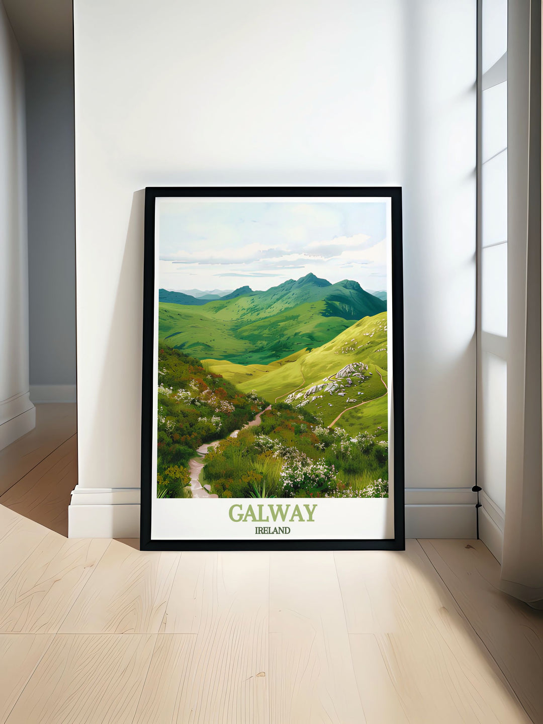 This Galway Poster Print highlights the beauty of Irelands west coast, with the iconic Diamond Hill in the background. The black and white design gives it a classic, timeless appeal, perfect for adding a touch of sophistication to your living room or office décor.