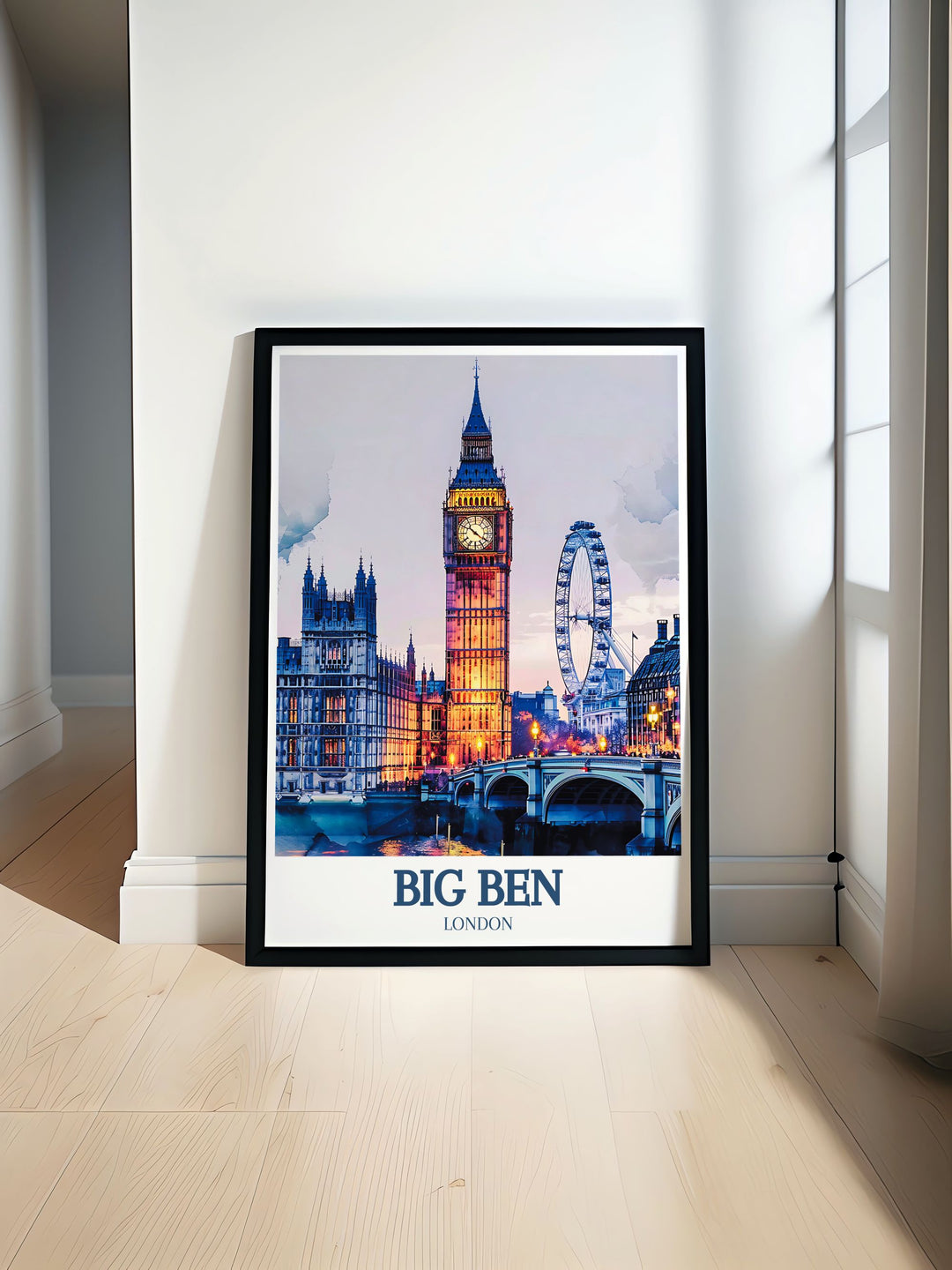 Captivating Big Ben poster featuring the iconic London Eye and the historic Houses of Parliament, showcasing Londons timeless beauty and charm. Perfect for adding a touch of historic elegance to your home decor.
