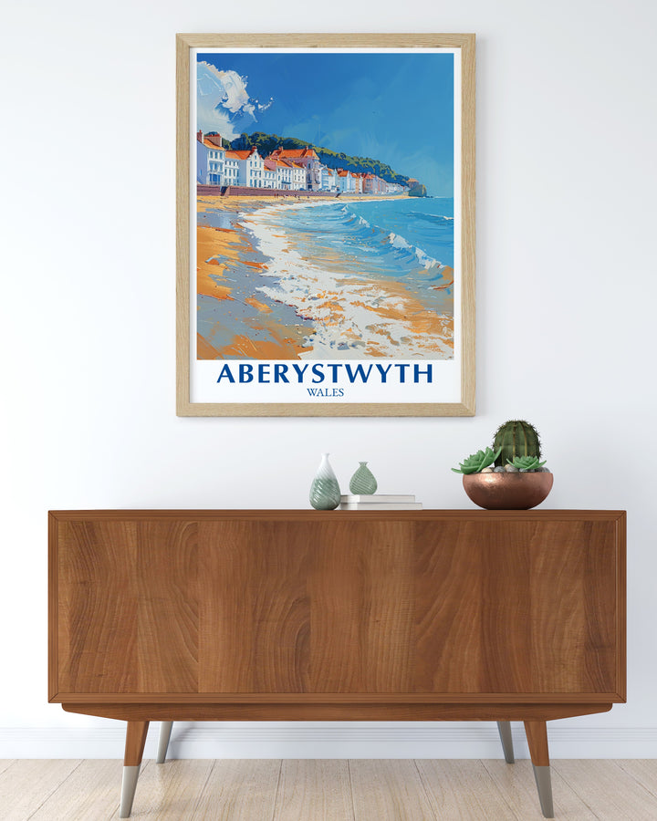 Celebrate the peaceful charm of Aberystwyths waterfront with this stunning travel print. This artwork showcases the towns iconic promenade and sweeping views of Wales coastline, making it a perfect addition to any room. The detailed illustration brings a touch of Wales into your home.