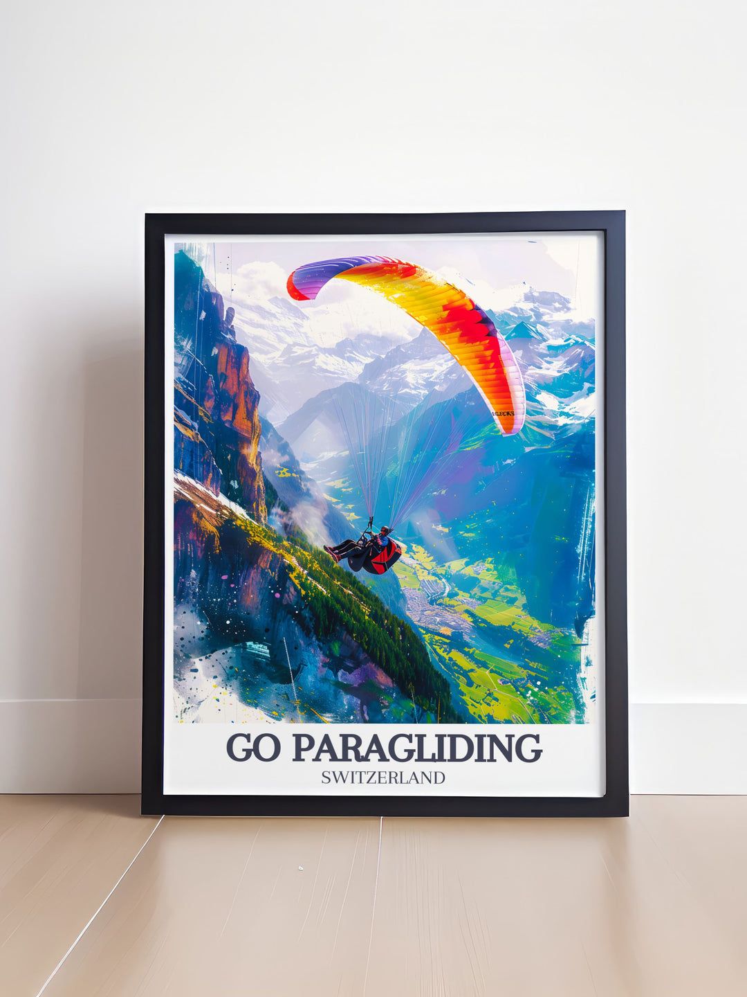 Custom print of paragliding in Interlaken, capturing the unique perspectives and dynamic scenes of the Swiss Alps. Perfect for personalized home decor.