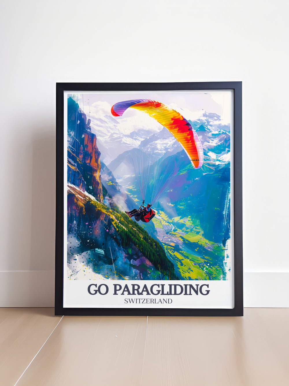 Experience the rush of paragliding over the Swiss Alps with this Paragliding Poster. The beautiful Interlaken landscape serves as a perfect backdrop for this dynamic adventure sports artwork.