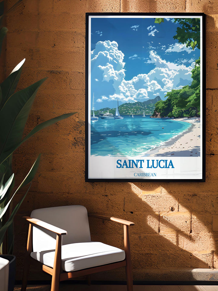 Saint Lucia Print featuring Marigot Bay captures the essence of tropical beauty in vibrant detail perfect for home decor or as a gift for loved ones these Caribbean Prints offer a timeless reminder of Saint Lucias breathtaking scenery and luxurious vistas