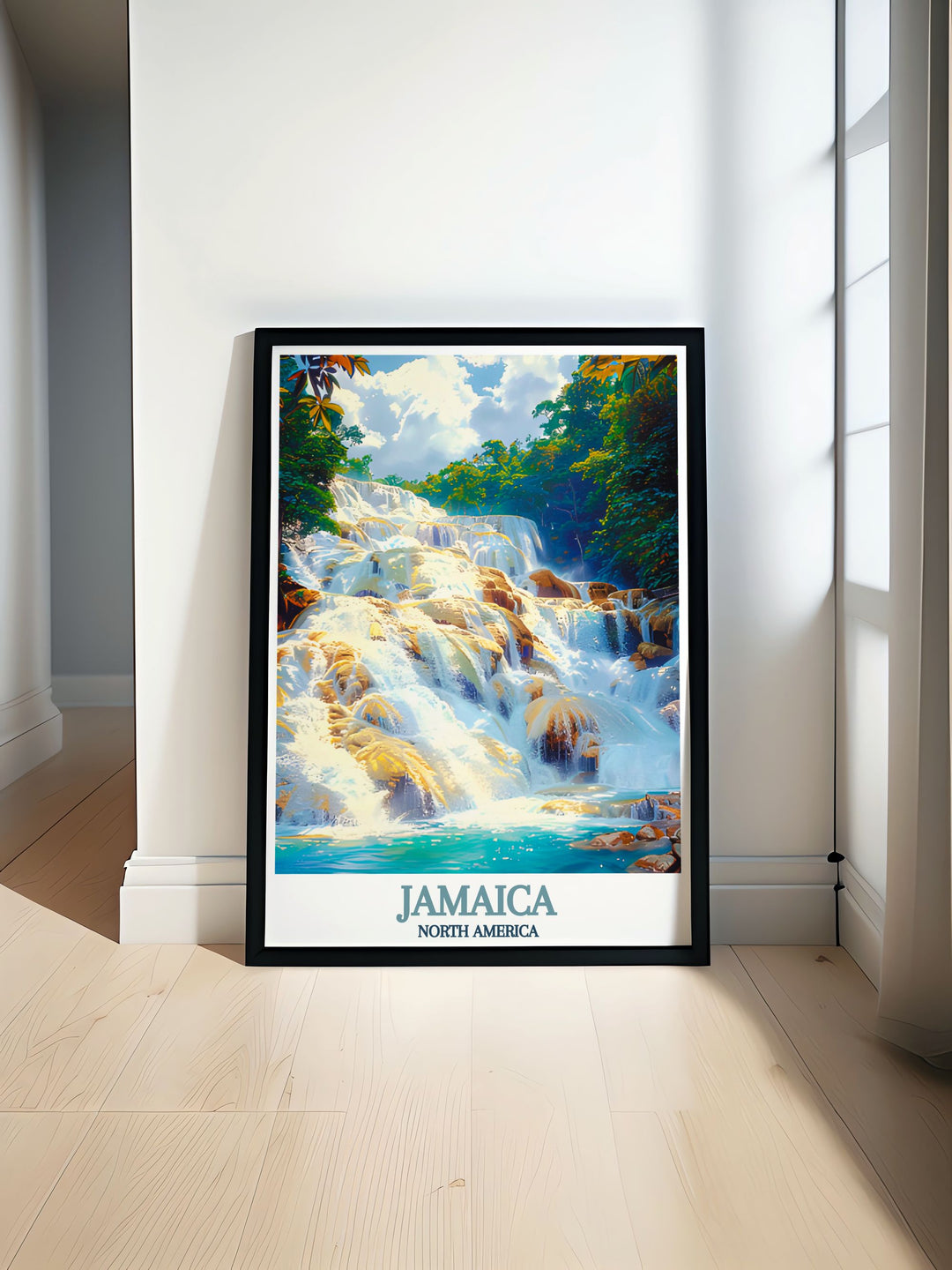 Bring the natural beauty of Jamaica into your home with this travel poster featuring Dunns River Falls. Whether youve visited the island or dream of doing so, this art print offers a vibrant reminder of Jamaicas breathtaking waterfalls and lush surroundings.