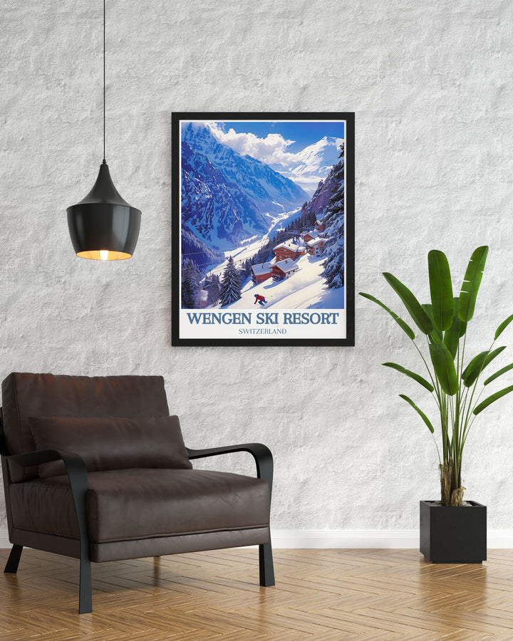 Iconic canvas art depicting the breathtaking views of Switzerlands Wengen Ski Resort. Perfect for ski enthusiasts, this artwork features the resorts extensive trails and stunning alpine backdrop, adding adventure to your decor.