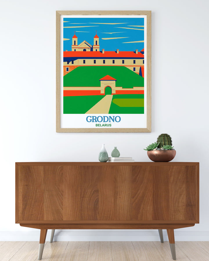 Grodnos New Castle stands majestically in this vibrant art print, showcasing the history and charm of Belarus. A perfect gift for history buffs or anyone who loves travel, this poster brings the historic beauty of Grodno to your walls.