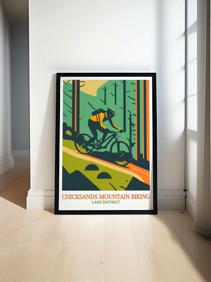 This vintage mountain biking print of Chicksands features the high speed action and technical skill needed to conquer its trails, making it an ideal gift for cyclists or adventure lovers who want to bring the spirit of the outdoors indoors.