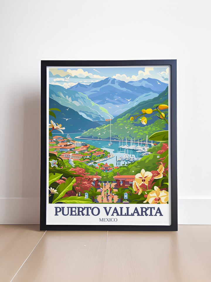 Travel Poster Print of Puebla offering a vivid depiction of bustling streets and iconic landmarks complemented by Vallarta Botanical Gardens Puerto Vallarta Marina perfect wall decor