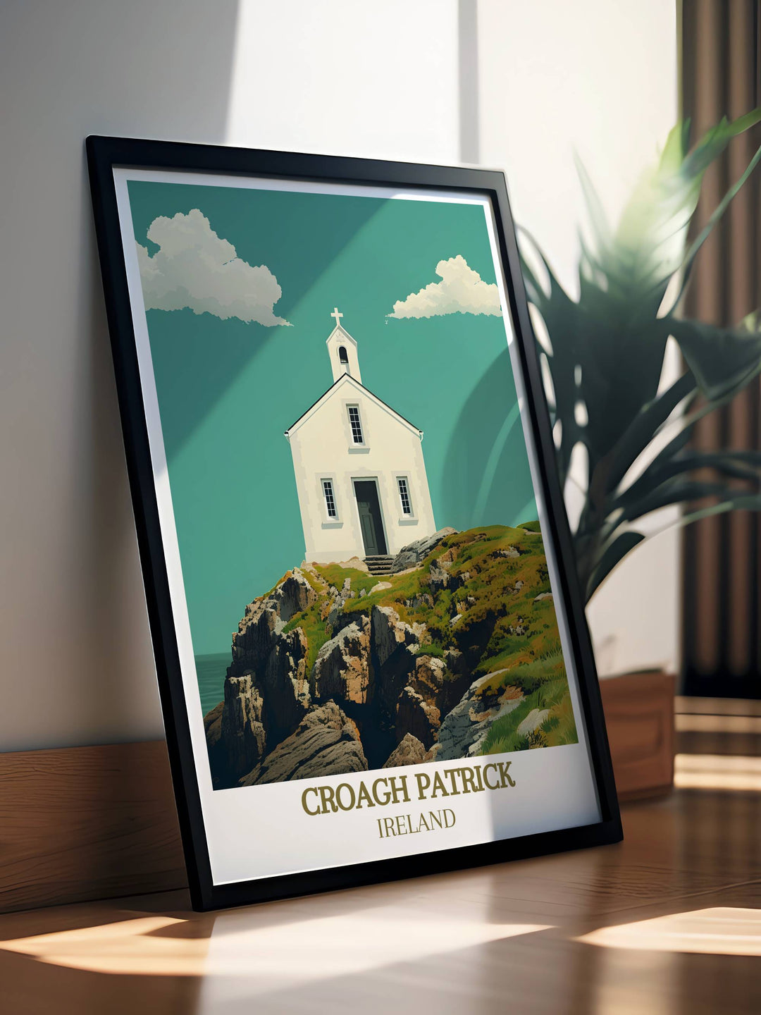 A breathtaking depiction of St Patricks Church and the iconic Croagh Patrick Trail capturing the spiritual journey and natural beauty of County Mayo Ireland. This Irish wall art print is ideal for travel enthusiasts and those who appreciate Irish history.