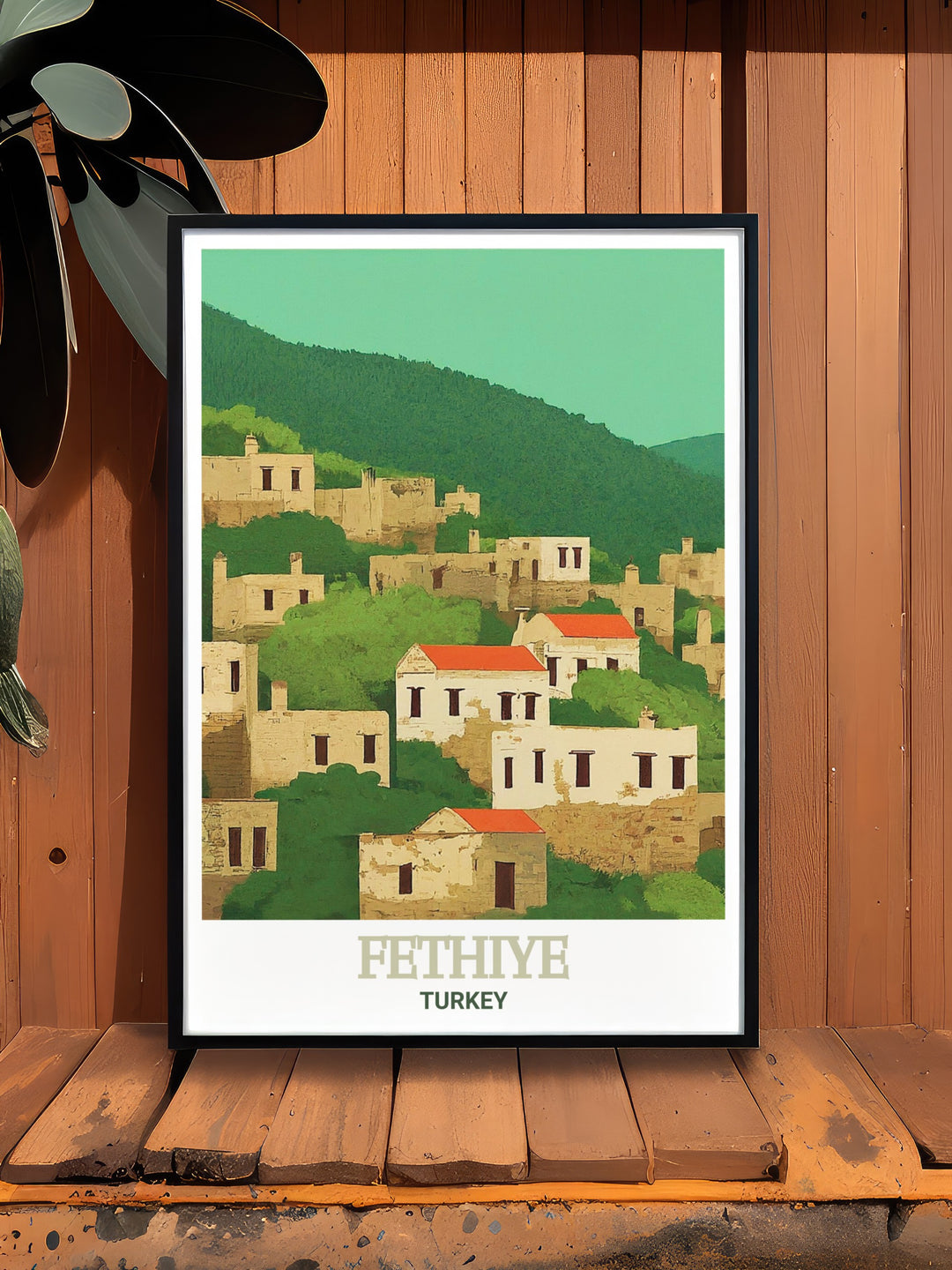 a framed poster of a village in turkey