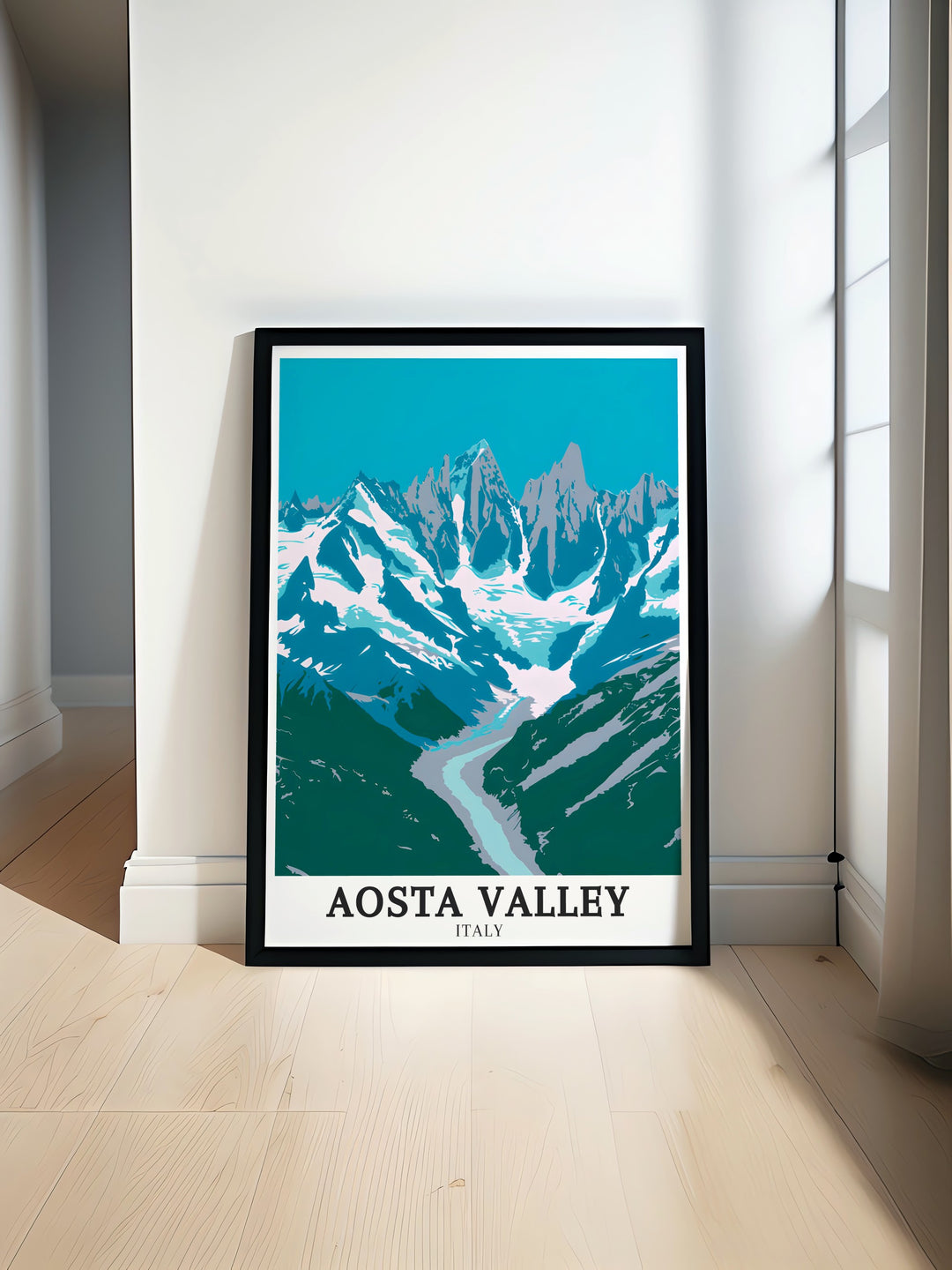 A wall print that brings together the stunning landscapes of Aosta Valley, the grandeur of Mont Blanc, and the iconic Matterhorn. This Italy travel print is perfect for anyone with a passion for the Alps, offering a visual escape to the heart of Italys most beautiful regions.