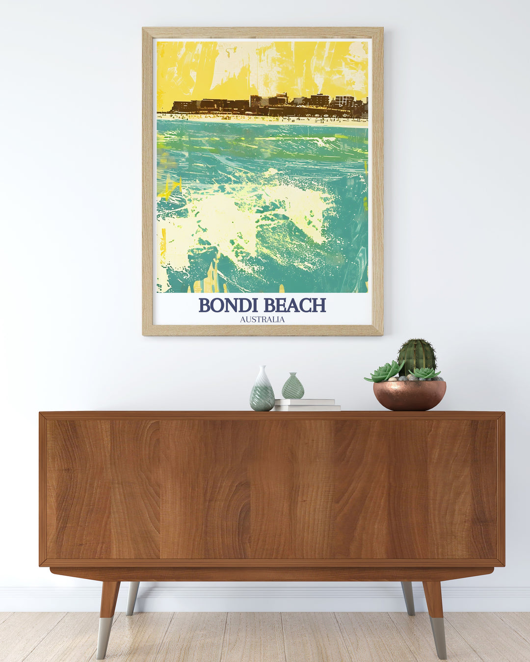 Vintage travel print of Sydney Harbour with the Sydney Opera House and Harbour Bridge. Bondi, South Bondi Beach gifts provide a beautiful and lively representation of the beach, ideal for art enthusiasts and travelers.