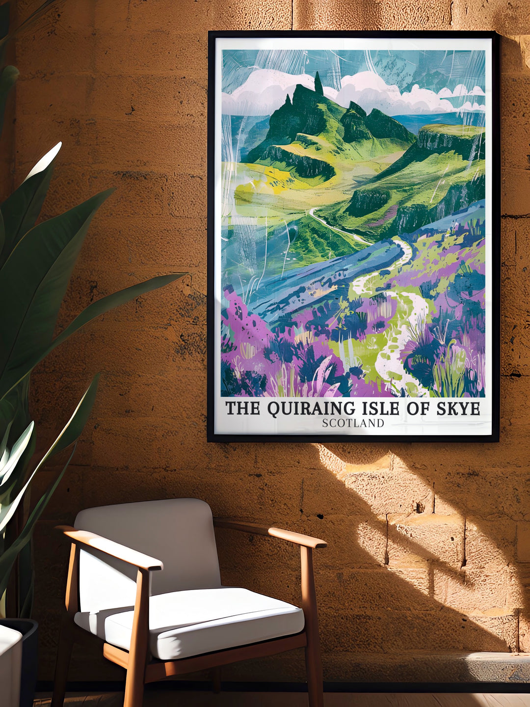 Captivating artwork of The Quiraing Isle of Skye featuring The Table and picturesque views of Trotternish Ridge designed to bring the rugged beauty of Scotland into your home with its detailed and captivating imagery.