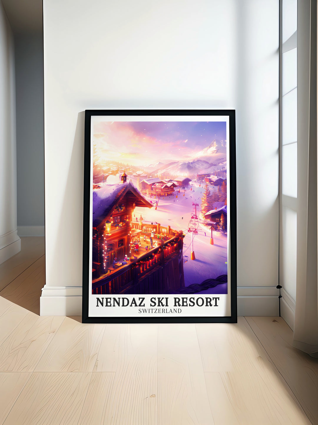 4 Vallées Wall Art. Featuring the beautiful scenes of Nendaz Ski Resort and Apres ski culture, this wall art collection is perfect for enhancing your home decor with the charm of the Swiss Alps. Perfect for any space.