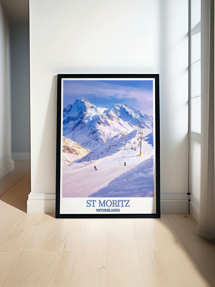 Discover the thrill of Corviglias slopes with this vibrant poster, capturing the excitement and beauty of skiing in one of Switzerlands most renowned ski areas.