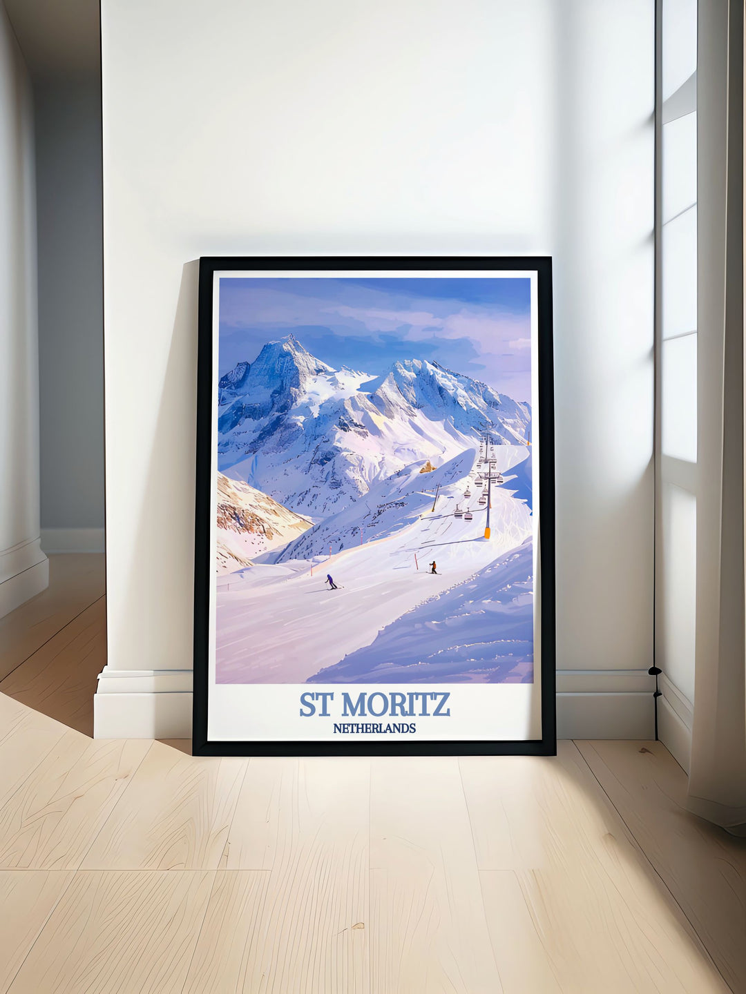 Experience the allure of Switzerlands top ski destination with this St Moritz Travel Poster. Featuring the stunning Corviglia ski slopes, this artwork is a perfect addition to any home décor, celebrating the charm and elegance of the Swiss Alps.