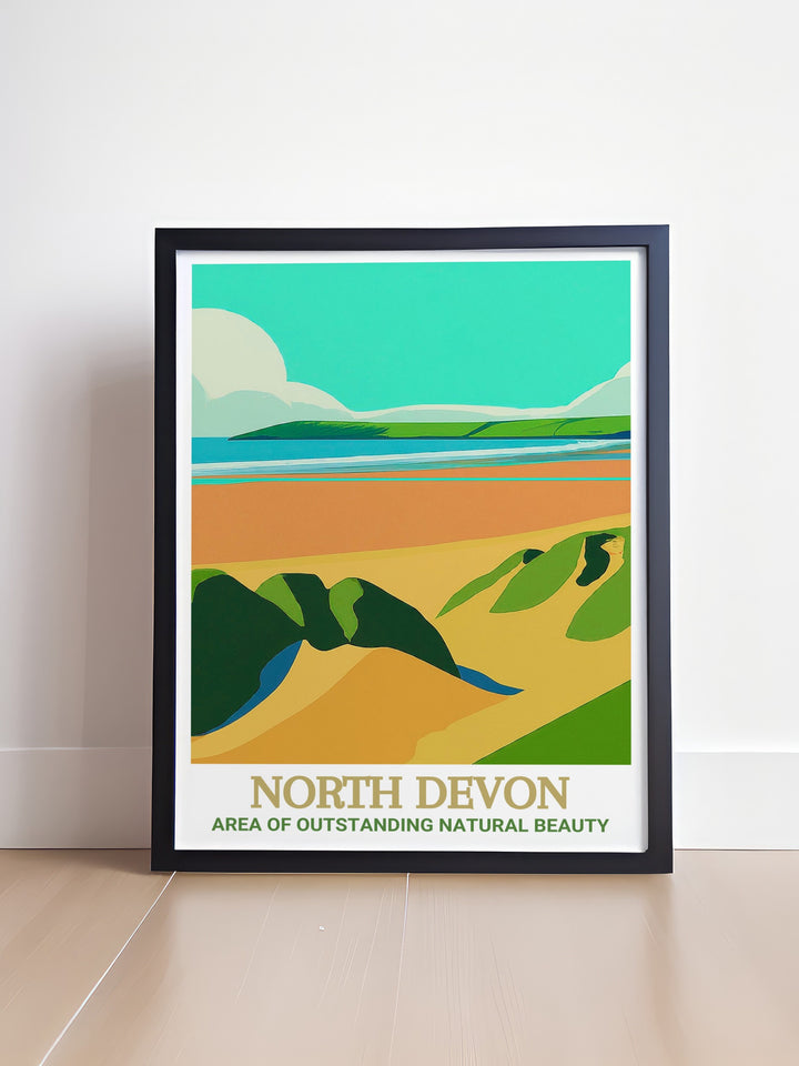 The Saunton Sands Poster Print captures the vast, untouched beauty of North Devons coastline, highlighting the golden sands, rolling dunes, and the tranquil Atlantic Ocean. This artwork brings the serene and expansive landscapes of Saunton Sands into your home, perfect for adding a touch of coastal elegance to any space.