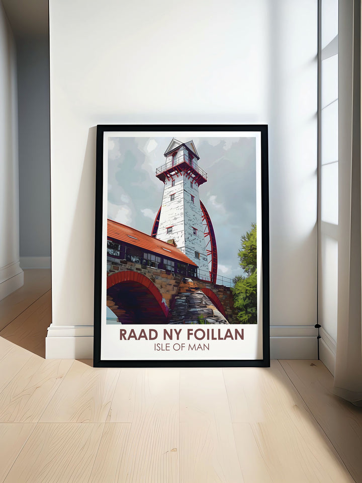 Laxery wheel Modern prints featuring detailed artwork of coastal paths and the stunning views of the Isle of Man including Raad Ny Foillan Hike and Douglas Harbour in a sophisticated style suitable for any elegant home decor