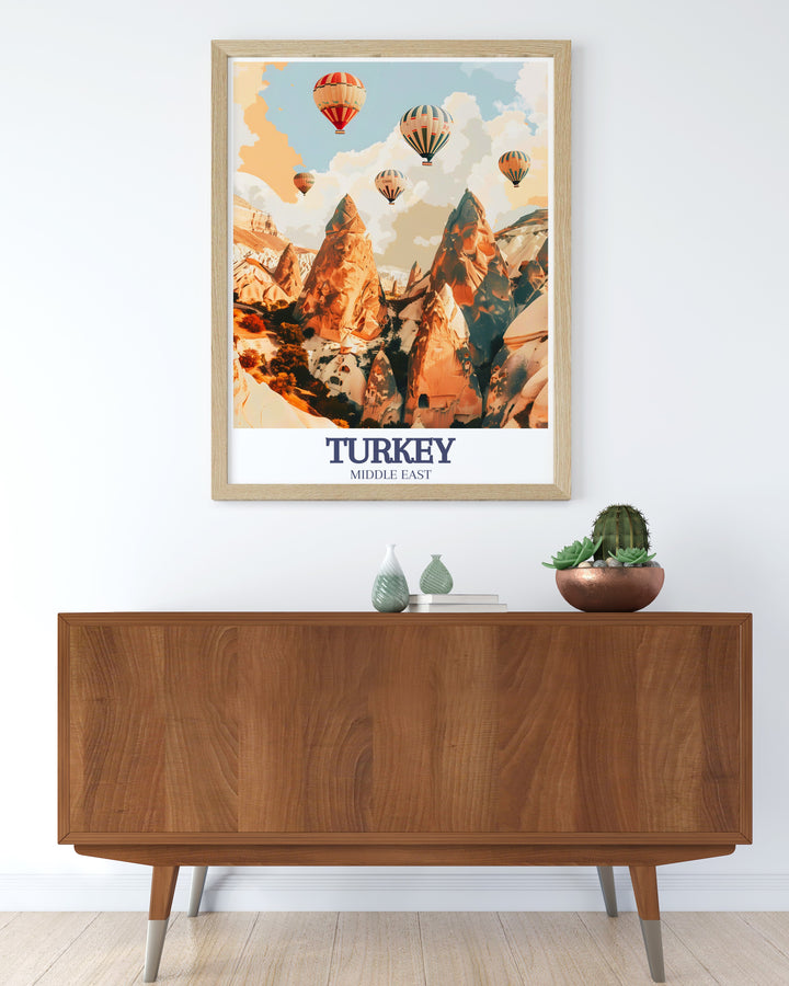 This travel print of Monks Valley in Cappadocia offers a glimpse into Turkeys breathtaking landscapes. The timeless beauty of the regions fairy chimneys is captured in this vintage style artwork, perfect for any travelers home.