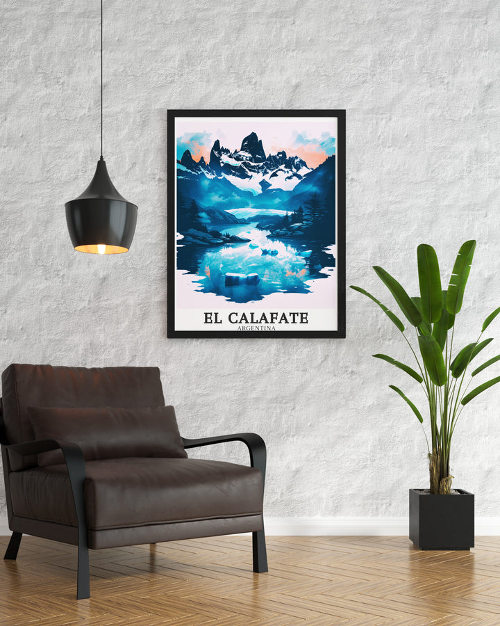 Celebrate the beauty of Argentinas Patagonia with this travel print of El Calafate, Laguna de los Tres, and El Chaltén. The vibrant colors and stunning composition make it the perfect wall art for anyone who loves to explore remote, awe inspiring landscapes.