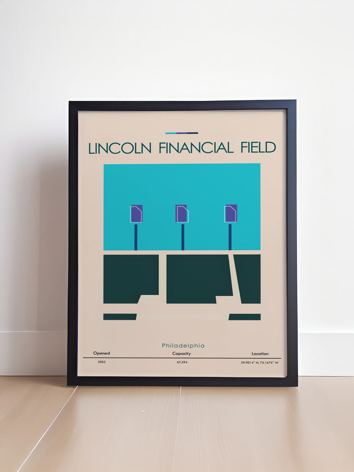 Lincoln Financial Field sports art designed for football lovers looking for a modern and stylish addition to their home. Perfect for Eagles fans this artwork brings a minimalist yet powerful touch to sports themed bedrooms offices or living rooms.