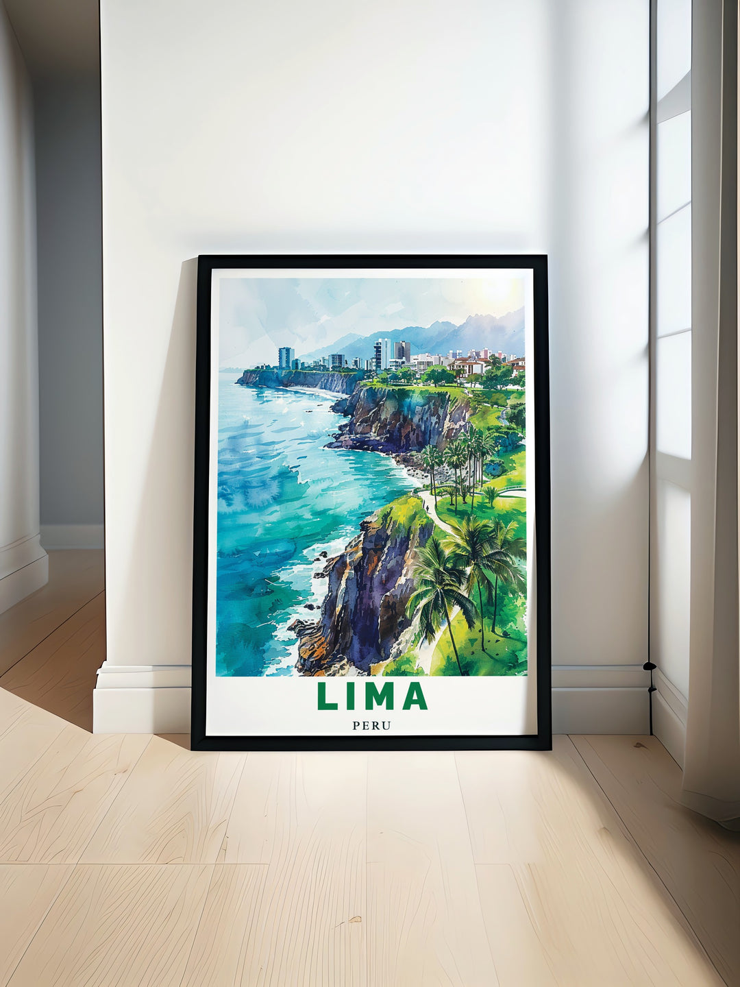 Experience the stunning views of Limas Miraflores Cliffs with this vibrant art print. Perfect for travelers and art lovers, this poster brings the Pacific coastline into your home, offering a beautiful depiction of one of Perus most famous districts.