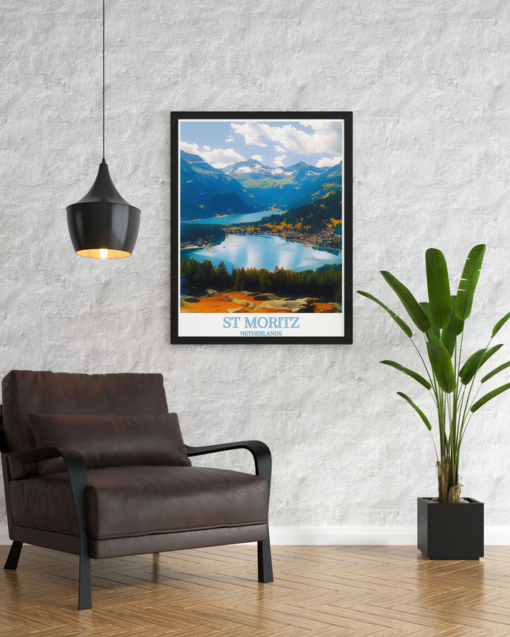 The Engadin Valley, with its stunning lakes and dramatic mountains, is beautifully illustrated in this poster, inviting viewers to experience the natural beauty of Switzerland.