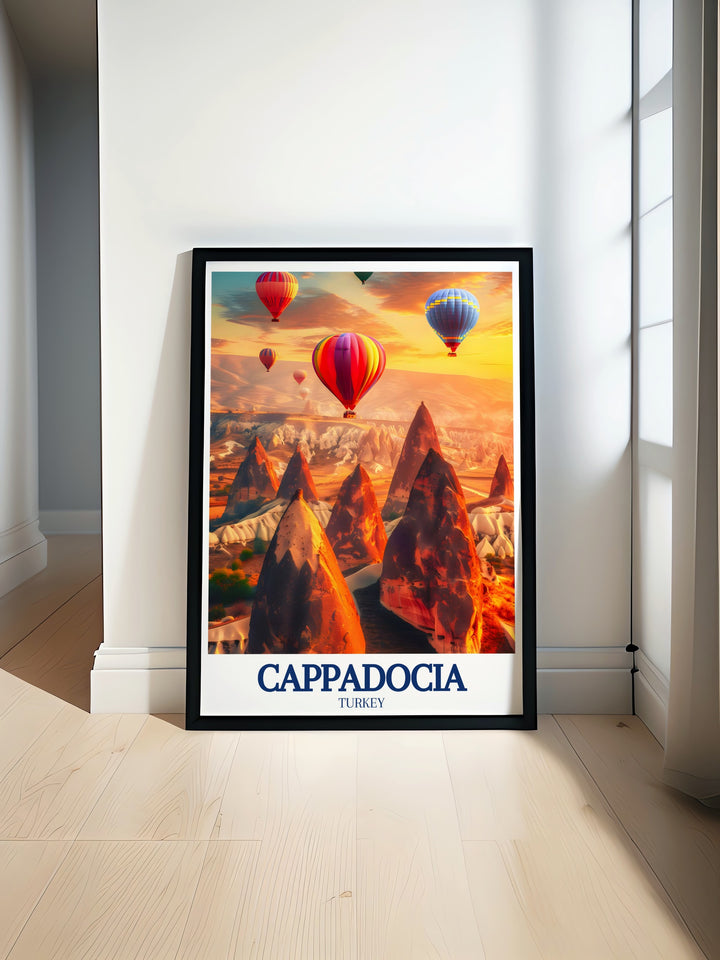 Bring the magic of Cappadocias Fairy Chimneys and hot air balloon rides into your home with this vibrant travel poster. The detailed artwork and colorful illustration make it a standout piece for living rooms, bedrooms, or any space that needs a touch of adventure.